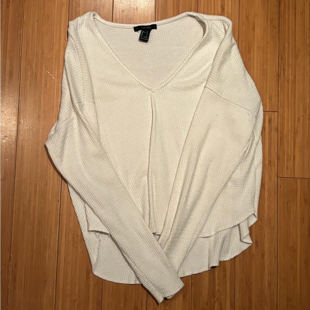 Long sleeve white waffle textured sweater